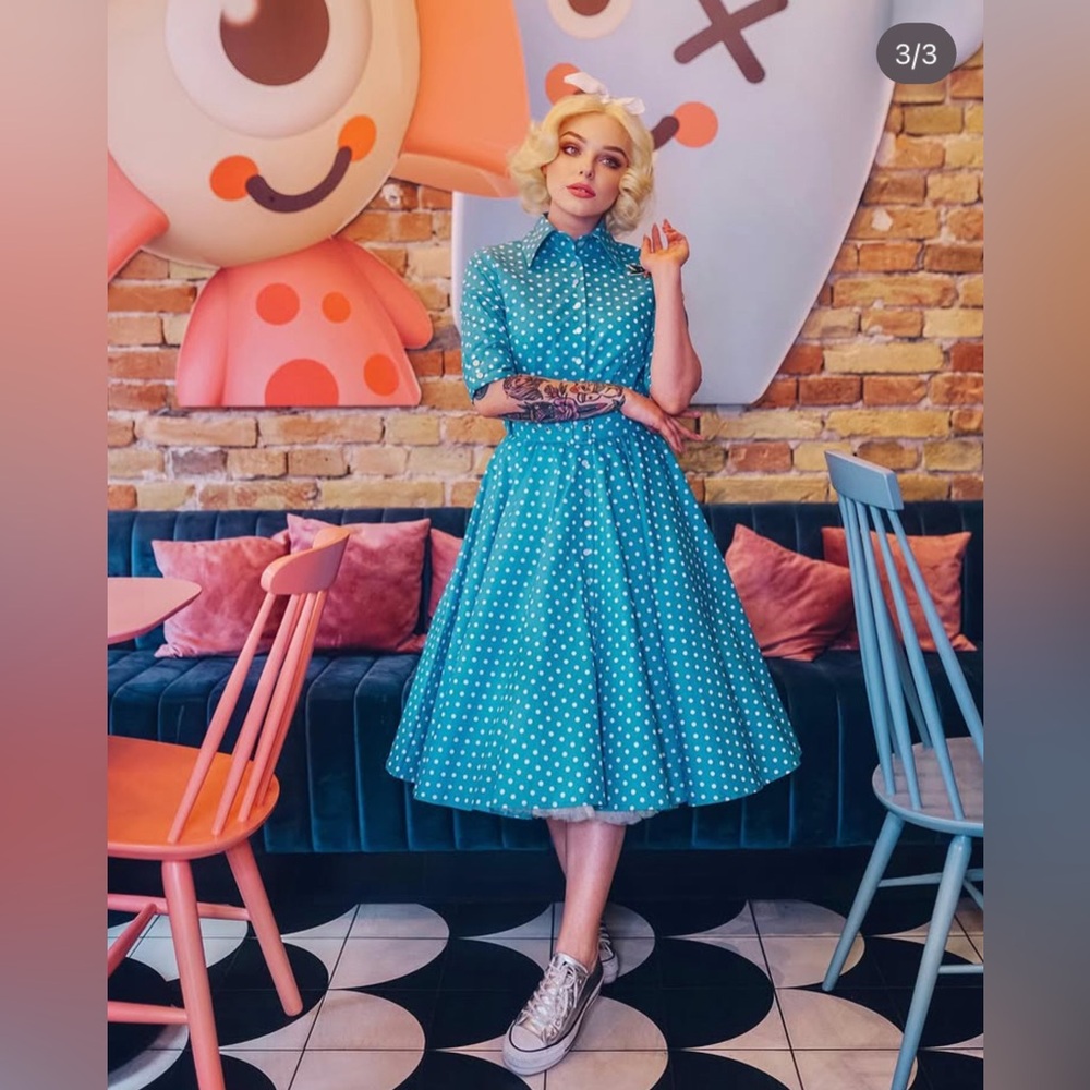 EUC British Retro "Way Out West" Aqua Polka Dot 50s Swing Dress UK10/US6